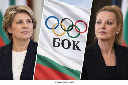 Илюстративен колаж с Весела Лечева, Стефка Костадинова и символика на БОК
